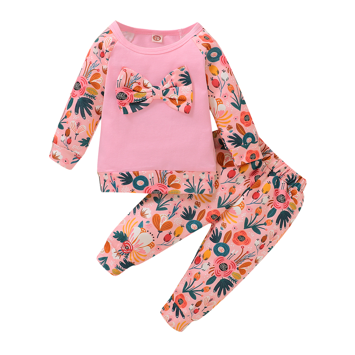 Baby Girls Bow Tie Splice Long Sleeve Top And Pant Outfit Set